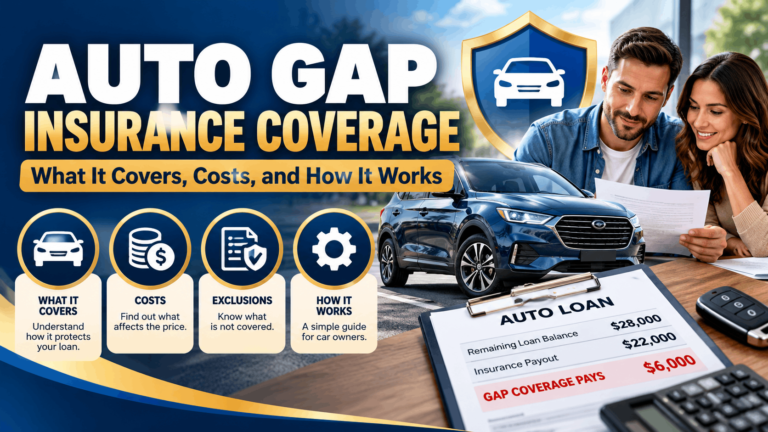 Auto gap insurance coverage guide showing a financed car, loan balance, and total-loss protection